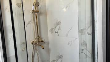 Shower, hair dryer, soap, toilet paper