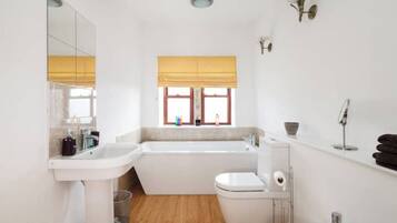 Hair dryer, bidet, towels, soap