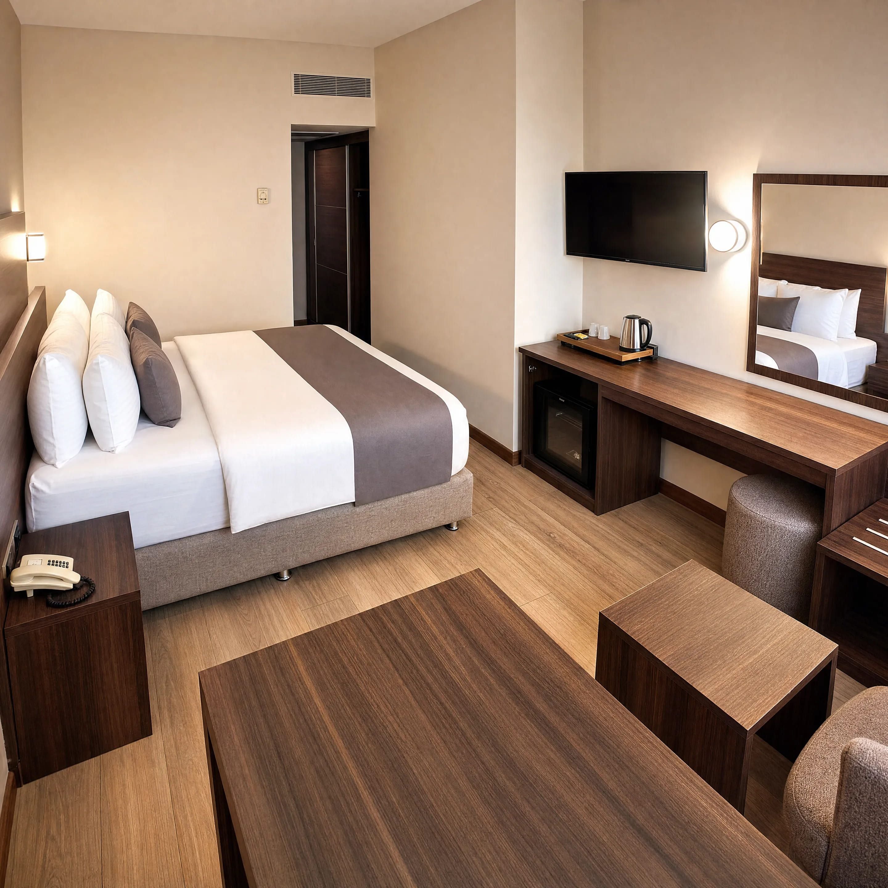A hotel room with a bed, bedside table, desk, chair, and a television.