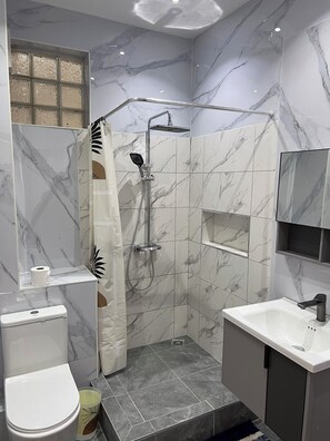 Shower, hair dryer, towels, toilet paper