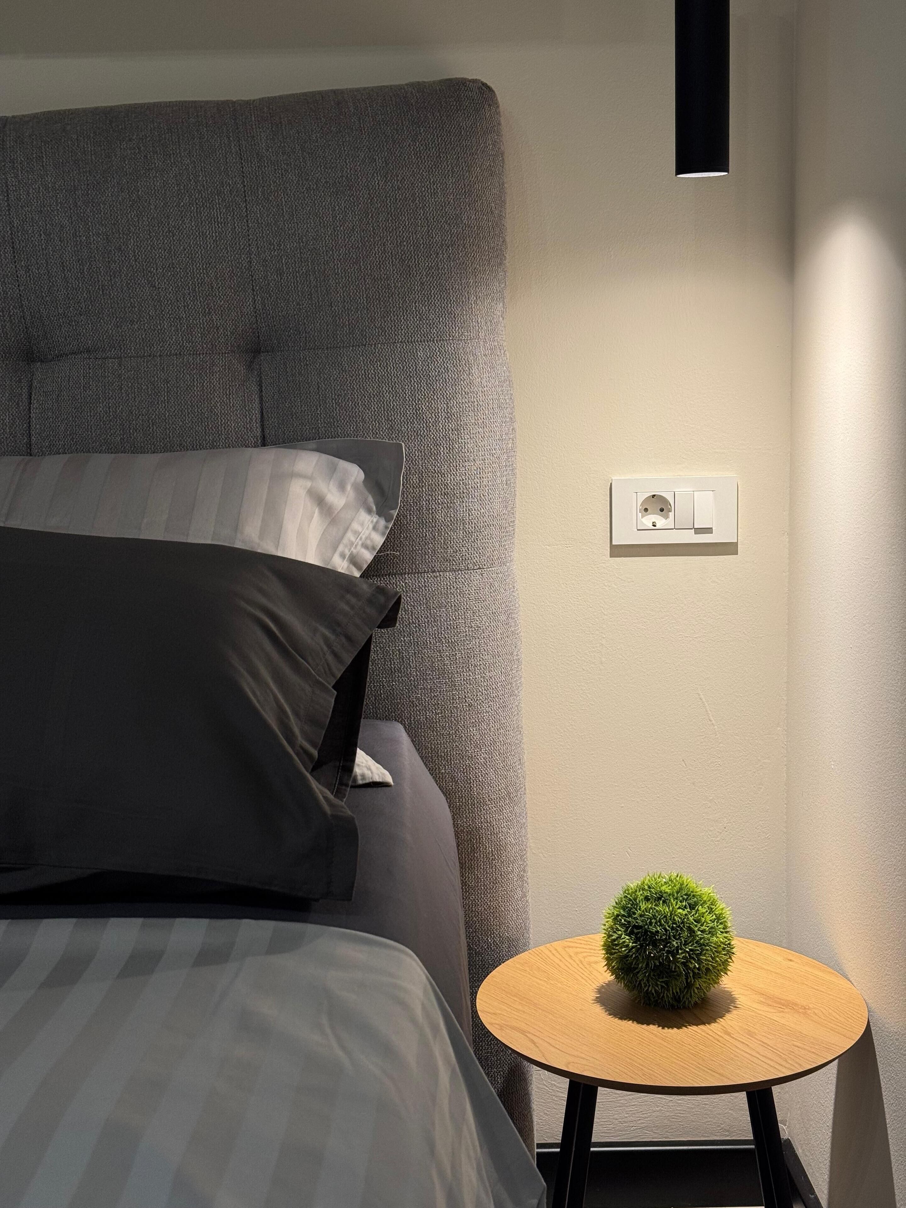 Un dormitorio moderno con una cama grande, una mesita redonda con una planta verde y un enchufe de pared.