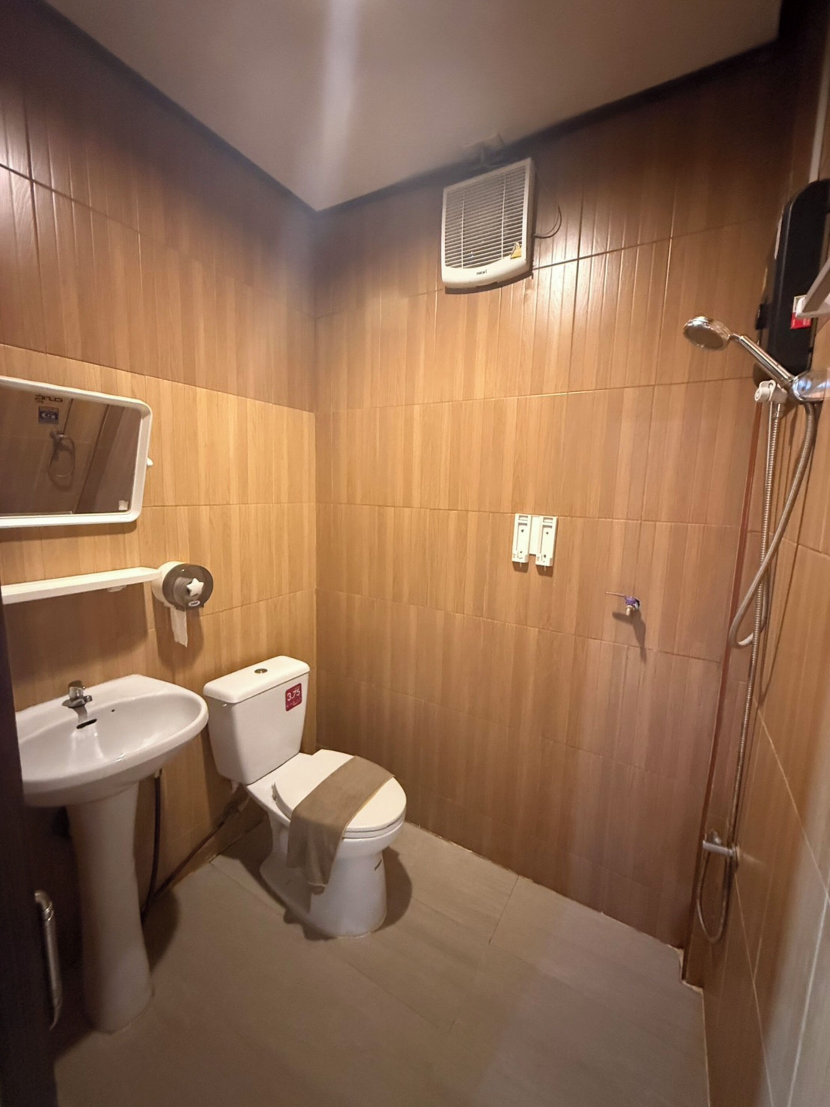 A small, compact bathroom with a toilet, sink, and shower.