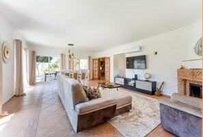 Una televisión, una chimenea