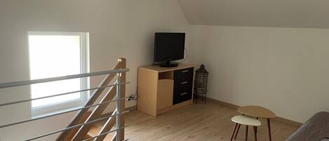 Smart TV, DVD player, foosball, books