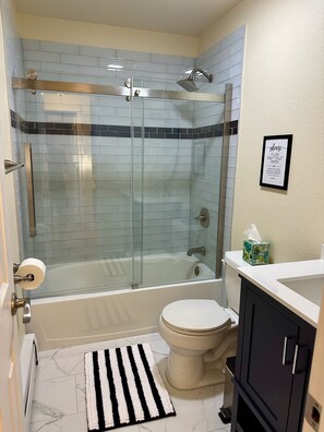 Hair dryer, towels, soap, toilet paper