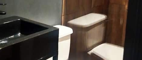 Regadera, toallas, jabón, papel de baño