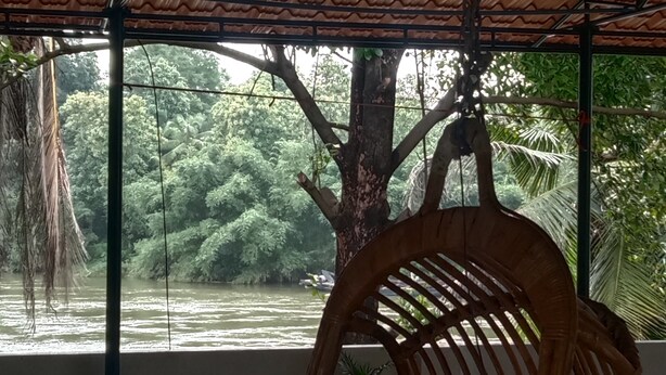 Un espacio al aire libre techado con una silla de mimbre, una planta en maceta y vistas a un río y un bosque.