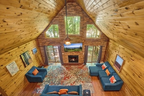 Smart TV, fireplace, DVD player, books