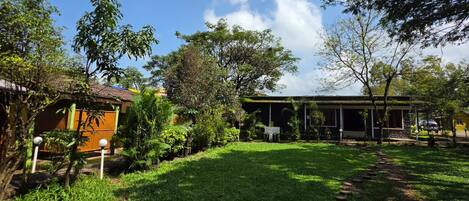 A residential property with a covered outdoor seating area, a well-maintained lawn, and a variety of trees and shrubs.