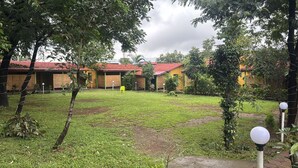 Um pátio com gramado, árvores e edifícios com telhados vermelhos.