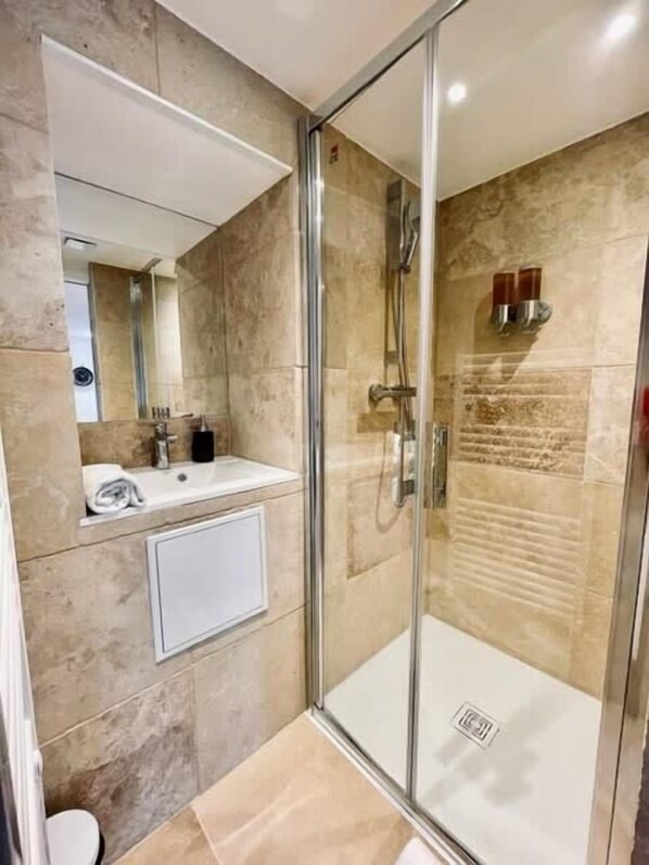 Shower, hair dryer, towels