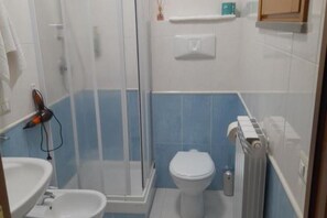 Shower, hair dryer, bidet, towels
