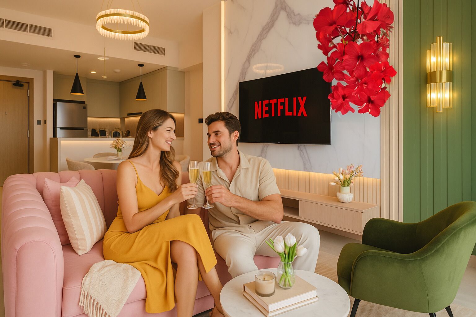Apartamento luxo, 1 quarto | Área de estar | Smart TV 65 polegadas com canais a cabo, Netflix, serviços de streaming