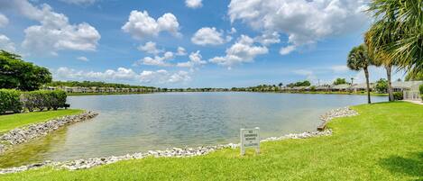 A lake with a sign warning of alligators, surrounded by well-maintained grass and palm trees.