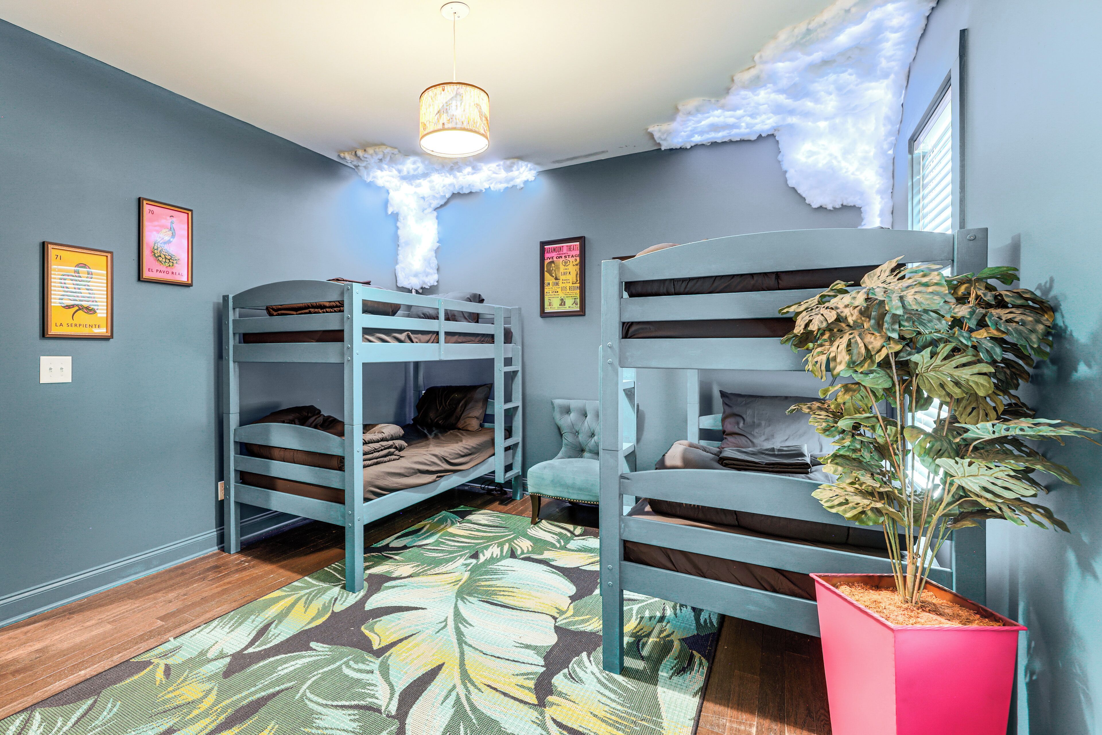 Une chambre avec des lits superposés, une plante en pot et un tapis aux motifs tropicaux.