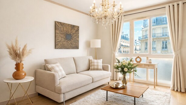 A living room with a sofa, a coffee table, a chandelier, a window with curtains, and a city view. - 1600 Lecourbe (Paris)