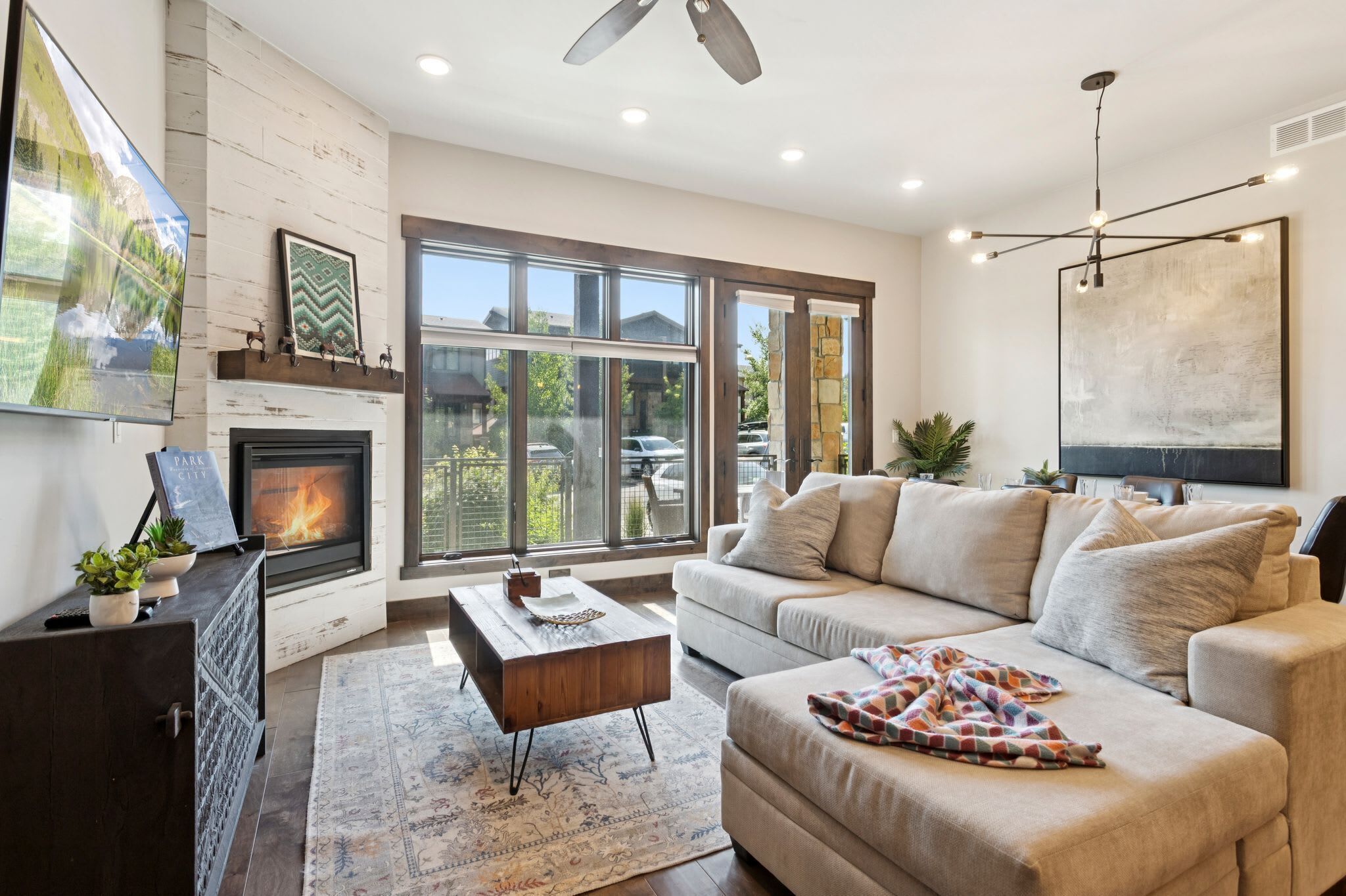 Una televisión, una chimenea, libros