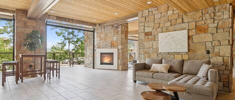 TV, fireplace, books