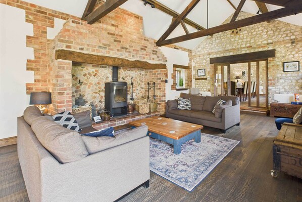 TV, fireplace, books, offices