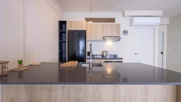 Fridge, oven, stovetop, cookware/dishes/utensils