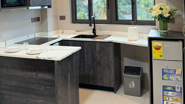 Une cuisine moderne avec des meubles de couleur sombre, un four à micro-ondes encastré, une grande fenêtre et un réfrigérateur doté d’autocollants indiquant son efficacité énergétique.