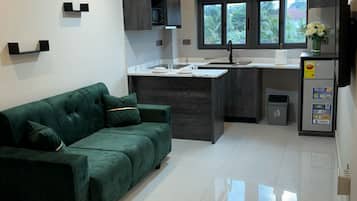 Deluxe Apartment, Air conditioning, Mountain View | Living area