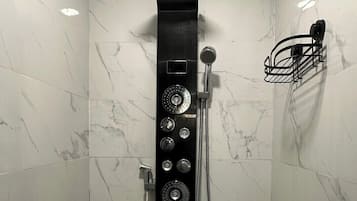 Shower, towels, soap, toilet paper