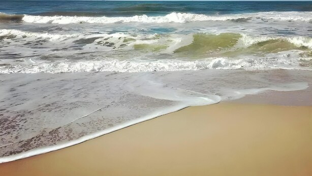 Una playa con olas y cielos despejados.