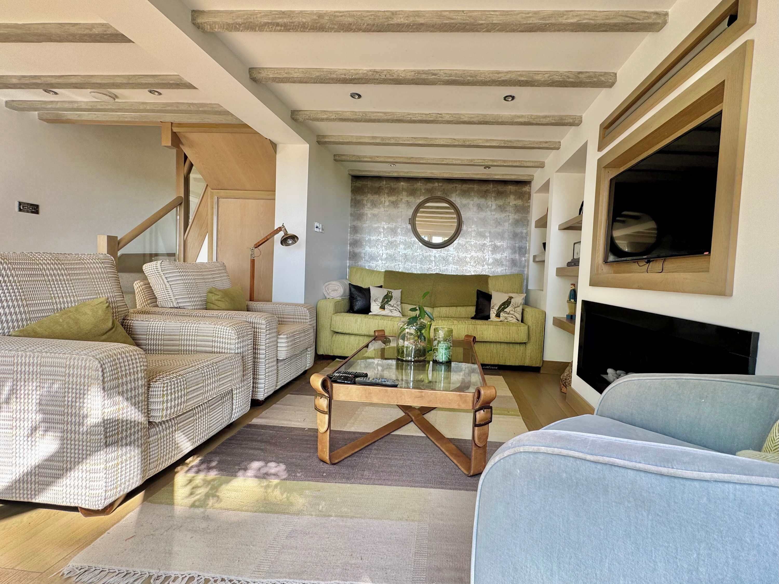 TV, fireplace, books, stereo