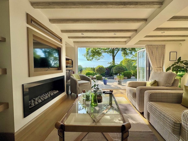 Fernseher, Kamin, Bücher, Stereoanlage