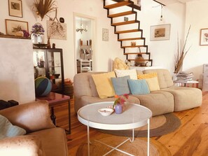 Télévision, cheminée, livres, espaces bureaux