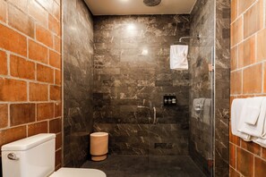 A bathroom with a shower, toilet, and a towel rack.