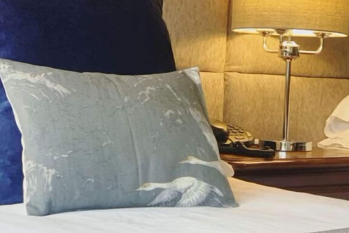 A hotel room with a bed, a headboard, a lamp, and a nightstand.