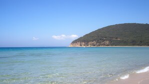 Una playa con agua cristalina, una orilla de arena y una colina al fondo.