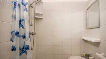Une salle de bain avec une douche, un lavabo et un miroir.