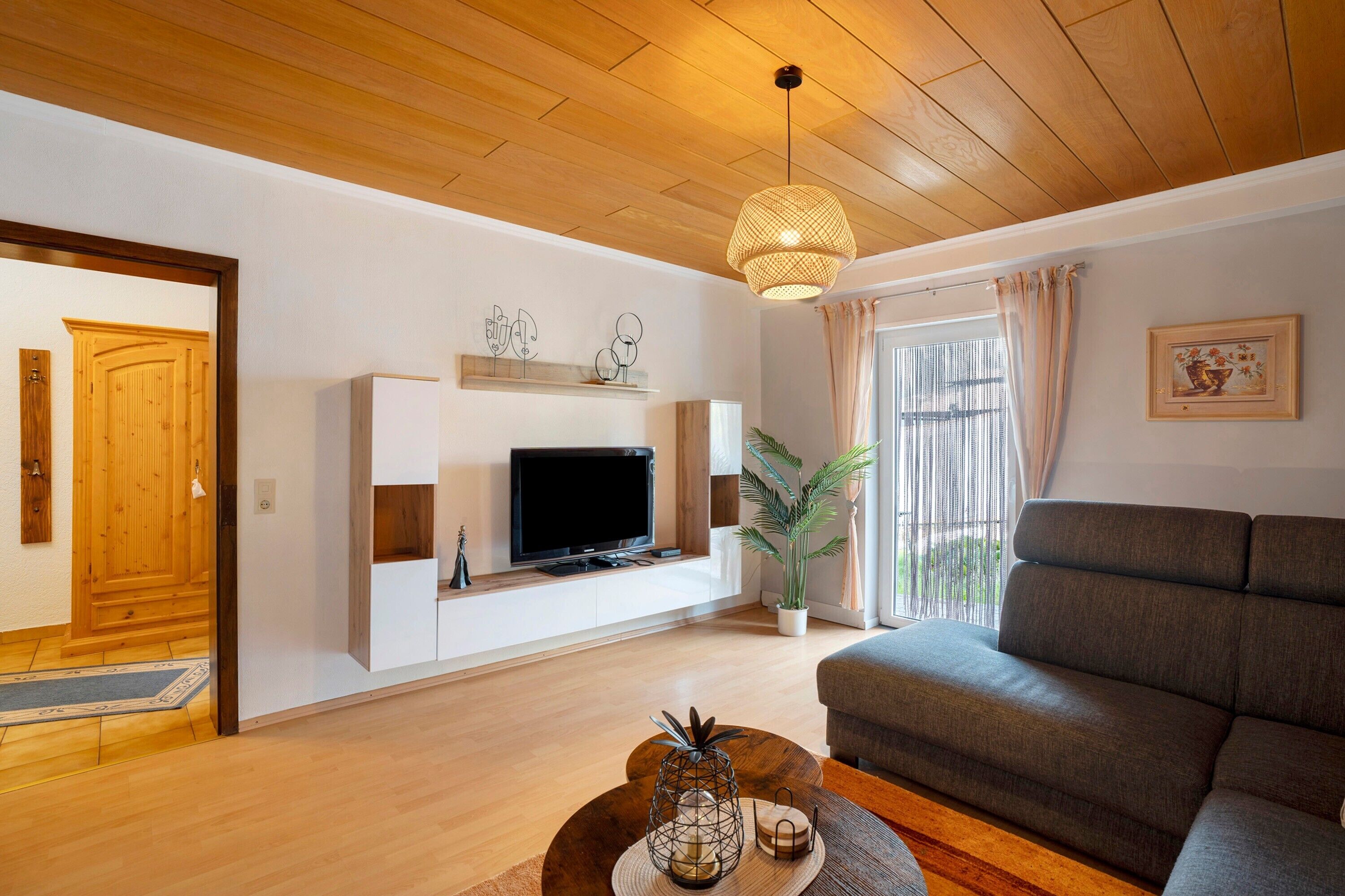 Ein Wohnzimmer mit Fernseher, Sofa, Holzboden und einer Zimmerpflanze.