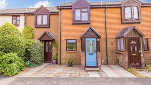 A row of terraced houses with distinct front doors, a central blue door, and a brick facade.