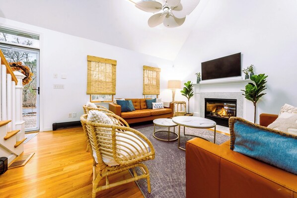 Smart TV, fireplace, video games, DVD player