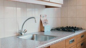 Eine Küche mit Spüle aus Edelstahl, einem Gasherd und Holzschränken.