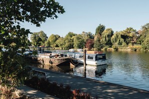 Ein ruhiger Fluss mit anlegenden Booten, umgeben von Bäumen und Grünpflanzen.