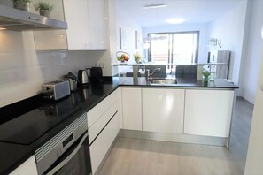 Fridge, microwave, oven, dishwasher