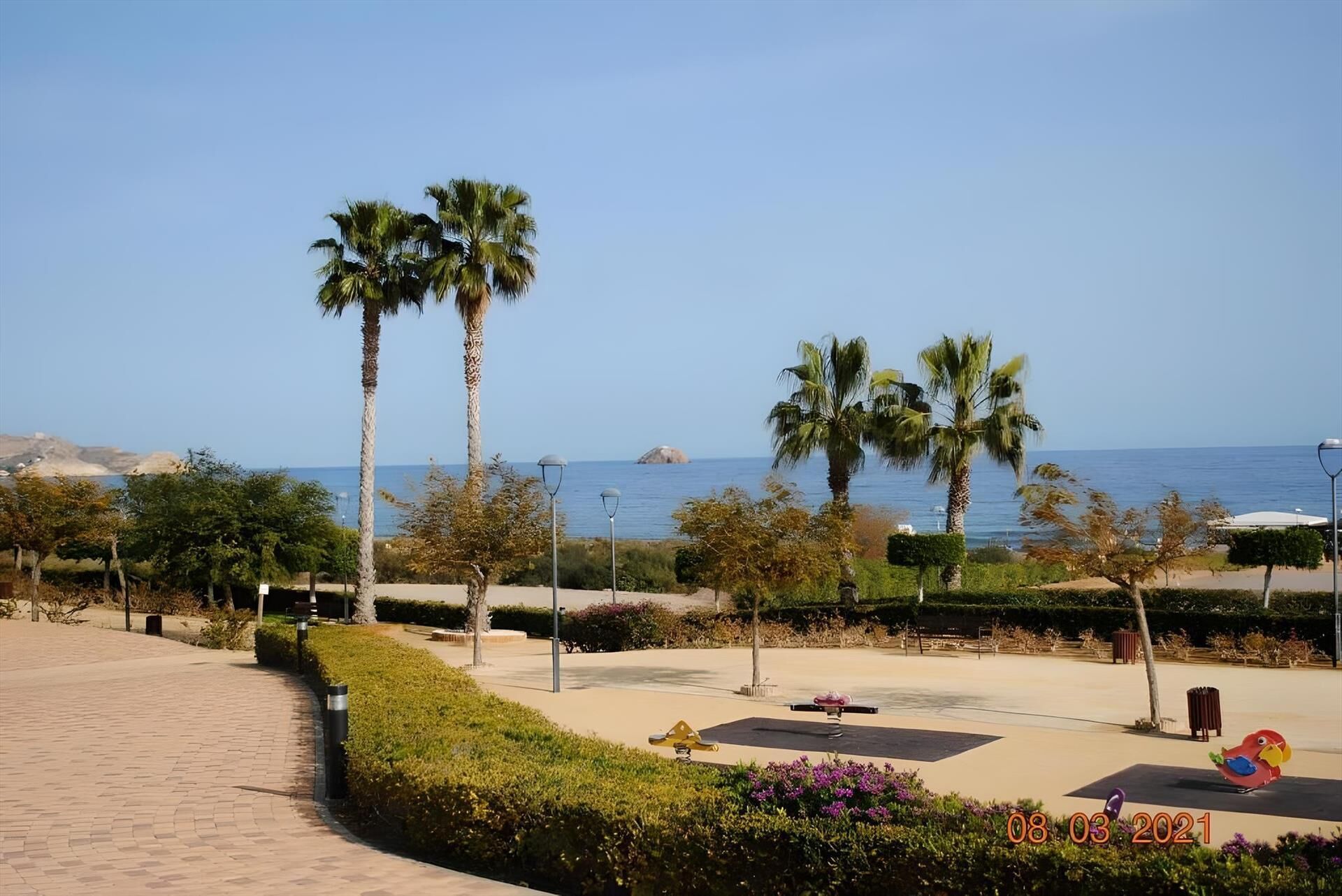 Un camino empedrado con palmeras y vistas al mar.