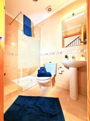 A bathroom with a glass shower enclosure, a toilet, a sink, and a blue towel on the floor. - Casa Ana - Two Bedroom Resort, Sleeps 4 (San Juan de los Terreros)