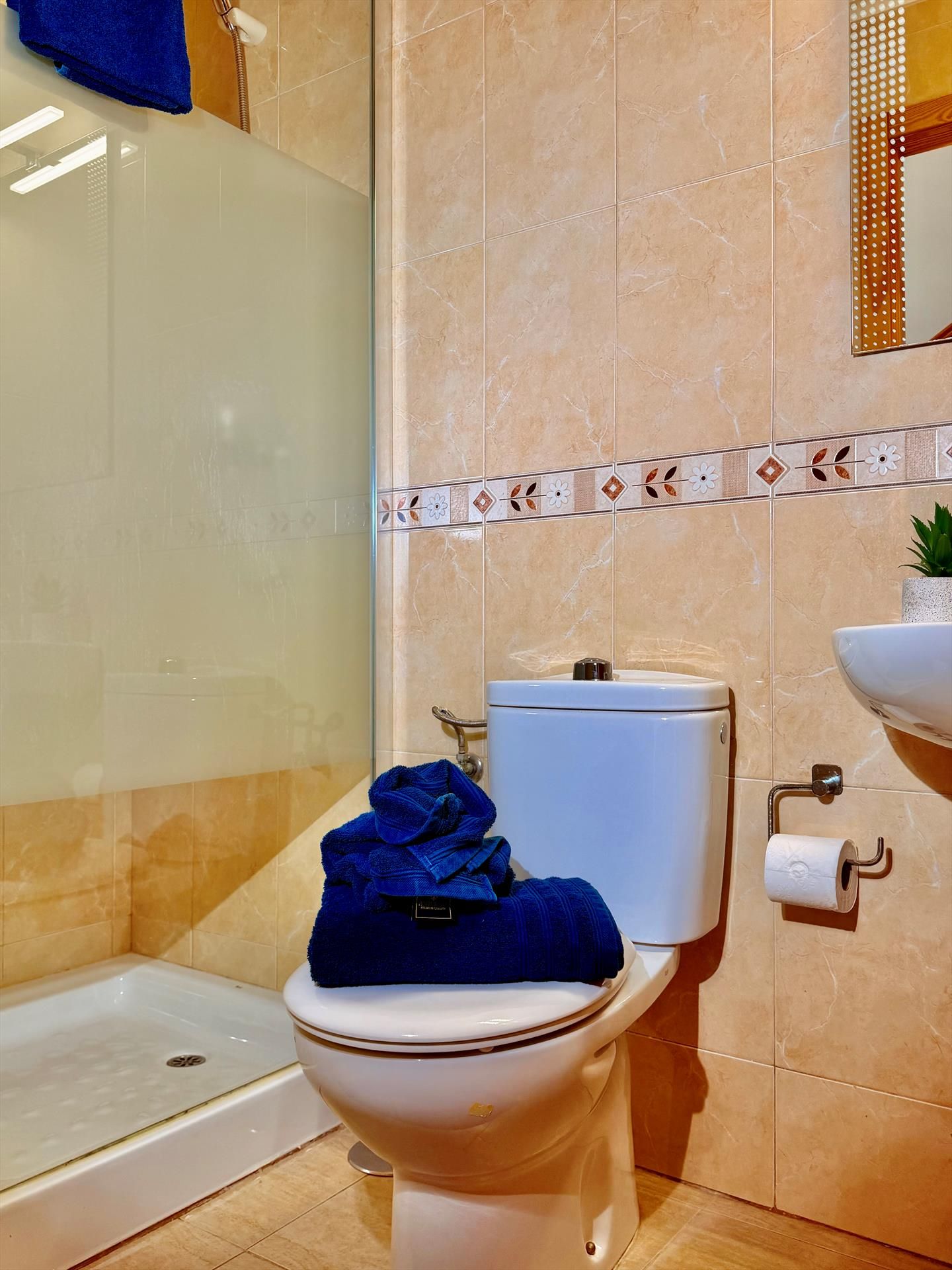 Un baño con inodoro, ducha y lavamanos.