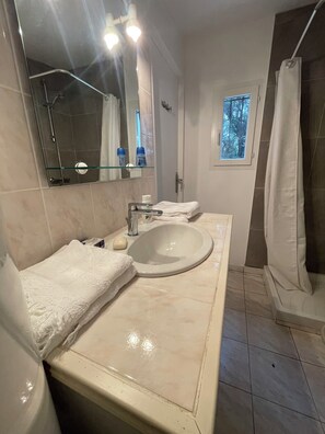 Shower, towels, soap, toilet paper