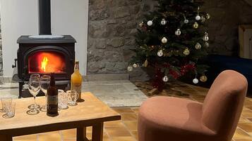 A cozy room with a wood-burning stove, a Christmas tree, and a comfortable armchair.