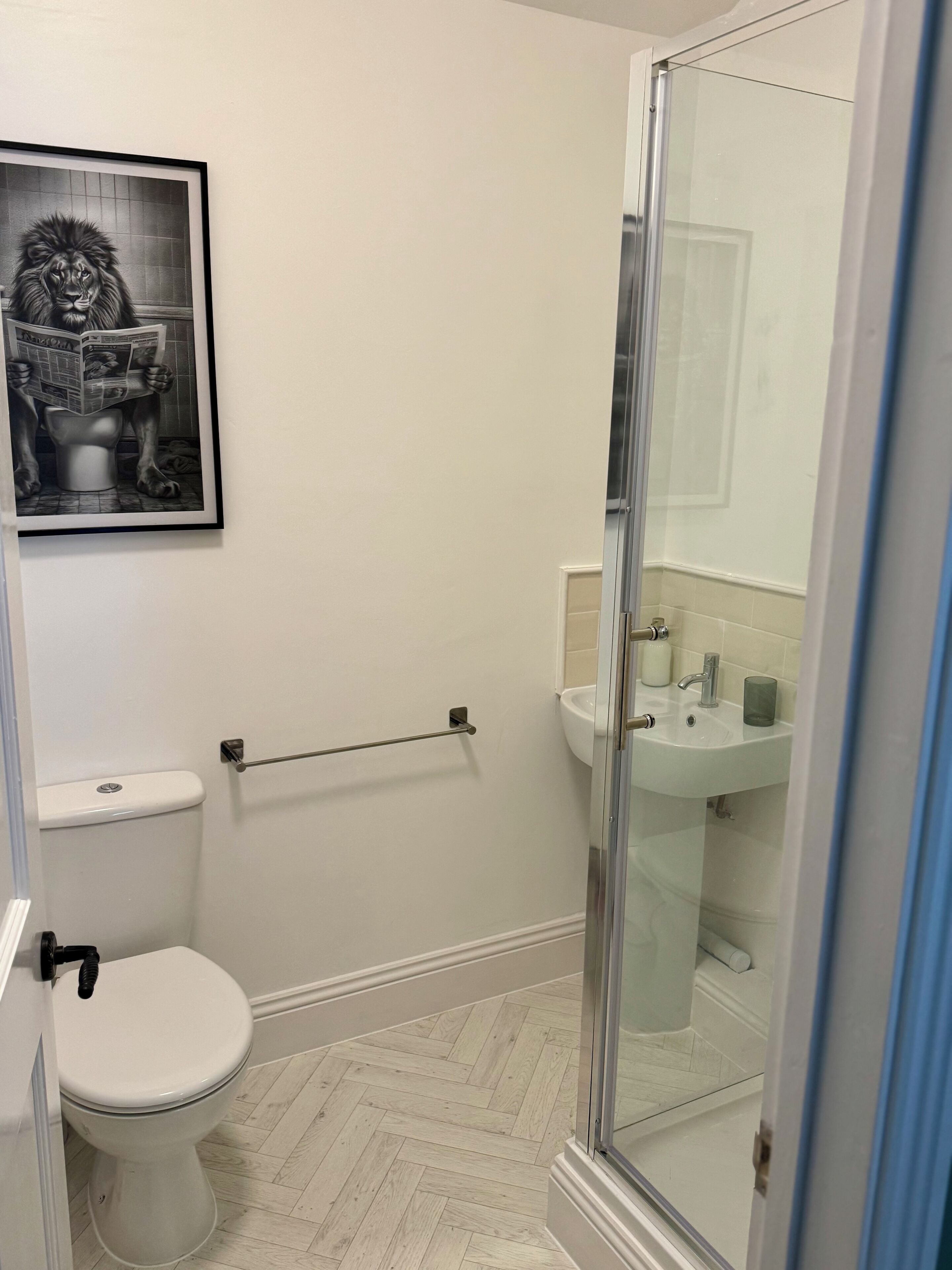 Dusche, Haartrockner, Handtücher, Toilettenpapier