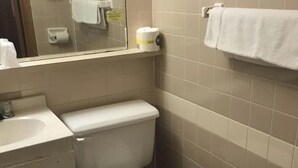 Een badkamer met toilet, wastafel en spiegel.