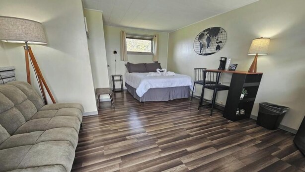 Ein Schlafzimmer mit einem Bett, einem Schreibtisch, einem Stuhl, einer Lampe, einem Mülleimer und einem Sofa.