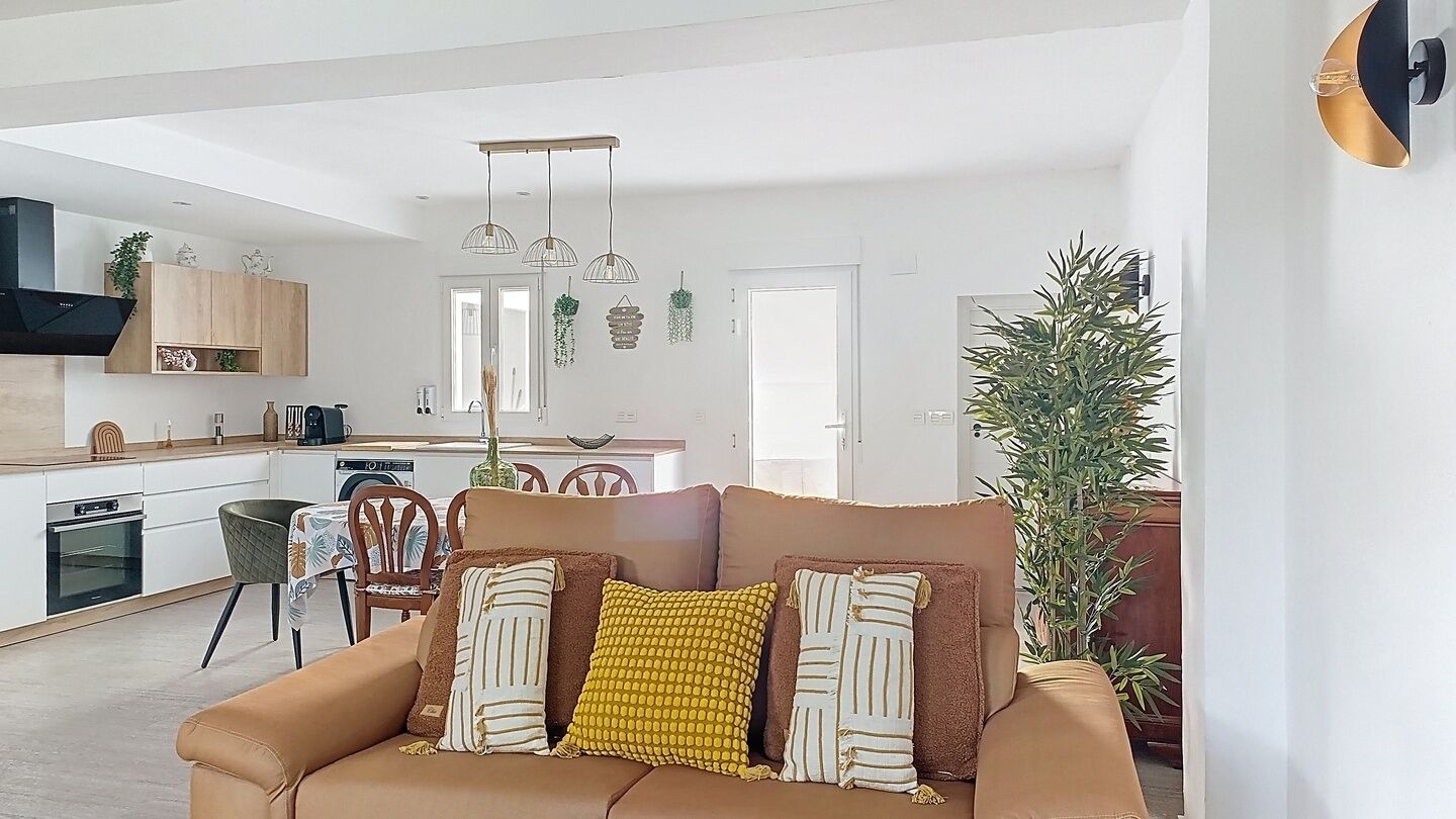 A modern living room with a brown sofa, a dining area with a table and chairs, a kitchen with white cabinets, and a large potted plant.